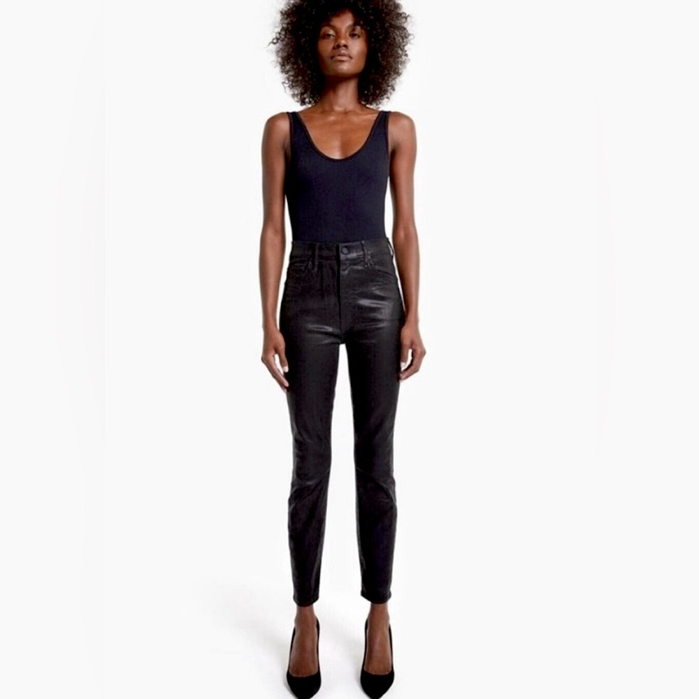 Mother Swooner Ankle skinny Jean in Black Wet Paint (Black coated leather look)